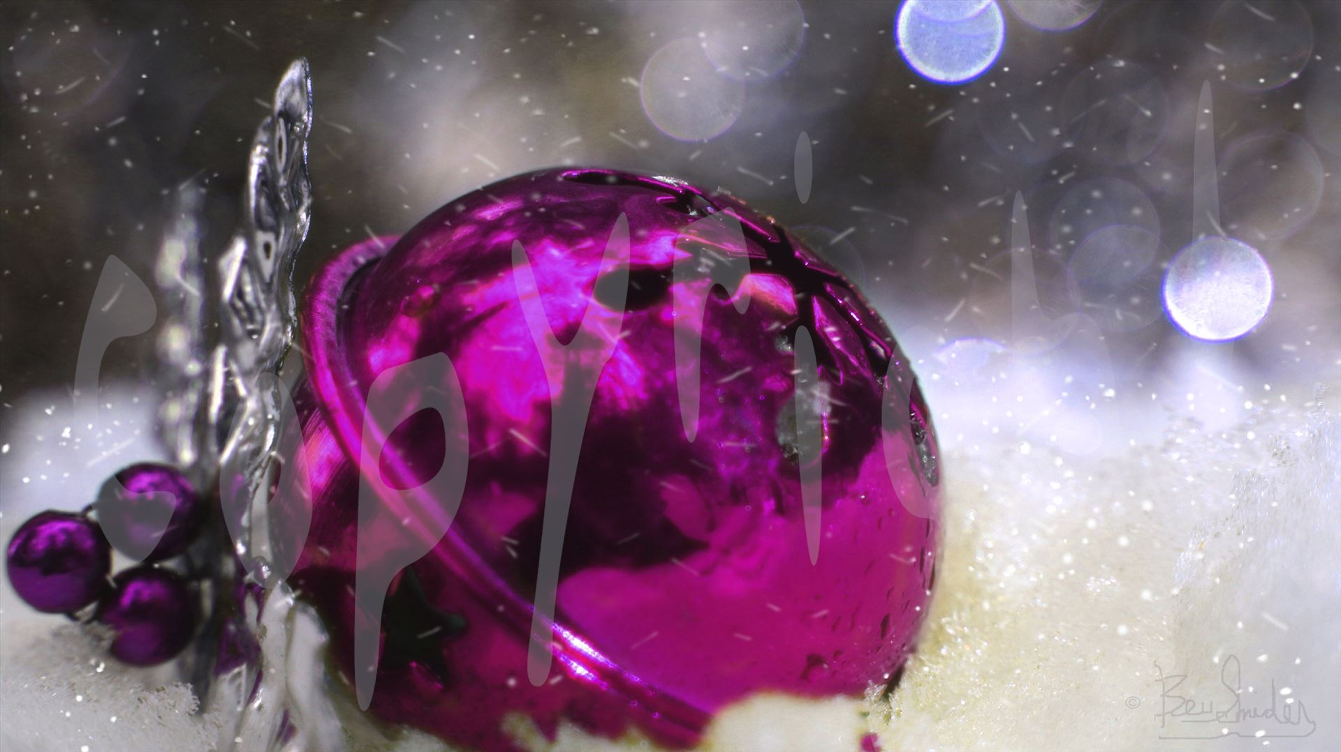 Fuschia Christmas Ball 6657 - Fuschia Christmas Ball in the snow with bokeh background by Snookies Place of Wildlife and Nature